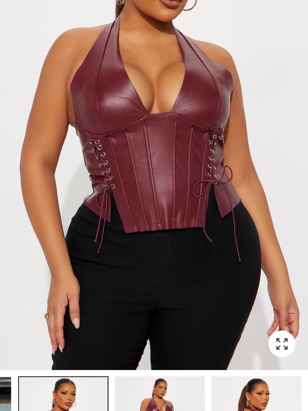 Fashion Nova Burgundy Faux Leather Halter Corset Top